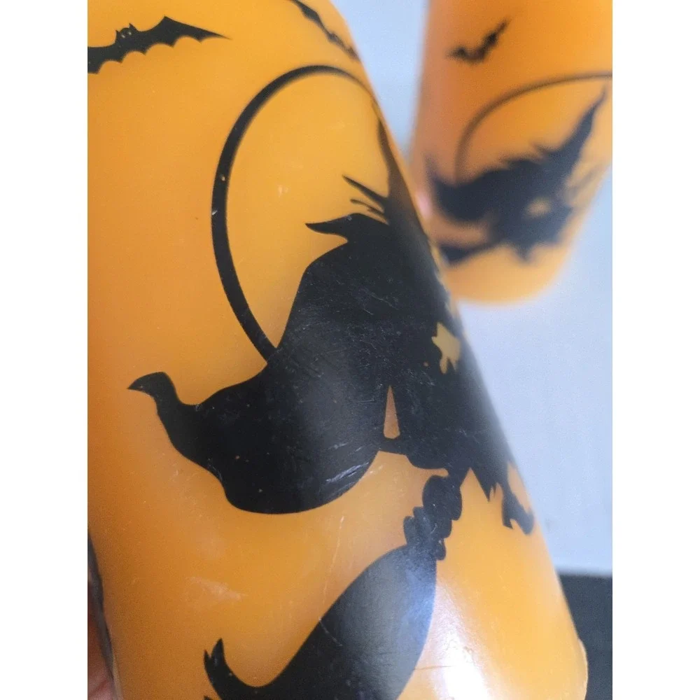 2 Halloween Flameless LED Pillar Candles Orange Black Witch Cat Bats Wax Battey
